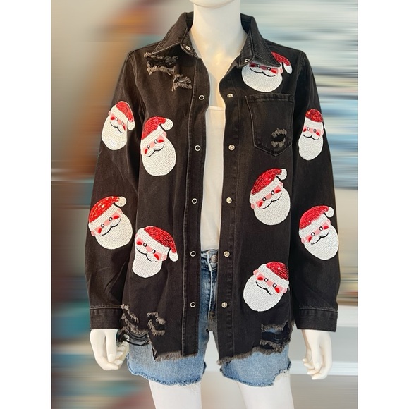 Sequin Santa frayed denim top/shacket S L XL - Picture 4 of 8